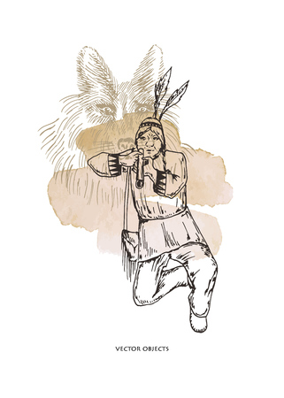 Vector illustration. Indian . Man on the hunt. Pen style drawing on watercolor brushstroke. Element of design.のイラスト素材
