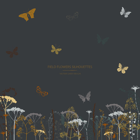 Vector silhouettes collection. Set of field flowers, herb and butterflies. Card design. Label design.のイラスト素材