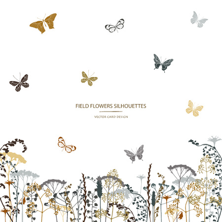 Vector silhouettes collection. Set of field flowers, herb and butterflies. Card design. Label design.のイラスト素材
