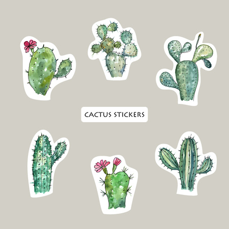 Vector objects. Cactus set. Watercolor style. Sticker design element.のイラスト素材