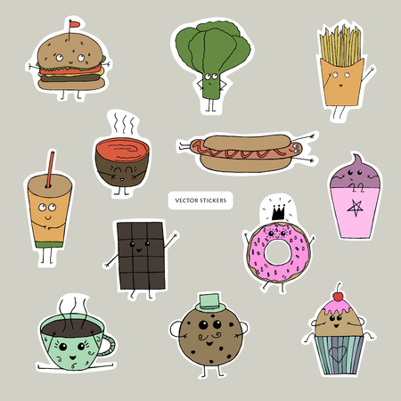 Funny print element. Fast food: burger, lettuce, fries, hot dog, soup and soda.Cupcakes, doughnut, cookie, ice cream, chocolate bar and cup of coffee. Stickers design. Vector objects set.のイラスト素材