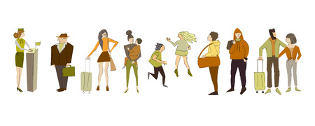 Vector illustration. Set of different people. Boarding a flight.のイラスト素材