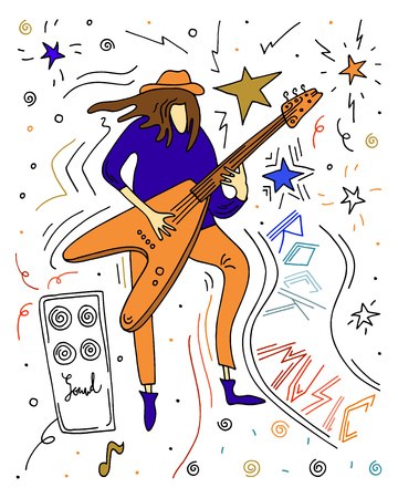 Vector illustration. Rock musician. Man playing guitar. Doodle doodle sketch.のイラスト素材