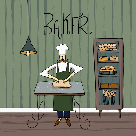 Vector illustration. The chef prepares the dough for baking. Baker in the bakery interior. Bread in the window.のイラスト素材