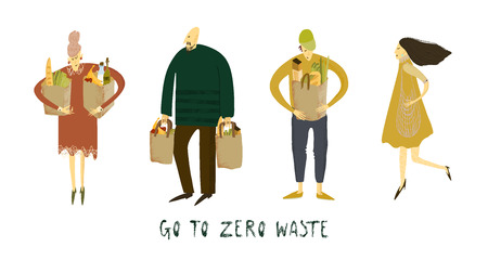 Hand drawn vector illustration. Zero waste life. Eco style. No plastic. Go green. People with eco bags.のイラスト素材