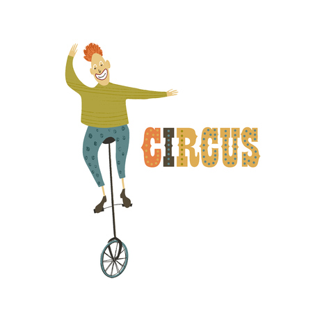 Circus performance. Vector illustration. Hand drawn imitation. Clown on circus bike.のイラスト素材