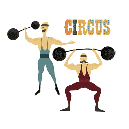 Circus performance. Vector illustration. Hand drawn imitation. Two strongmenのイラスト素材