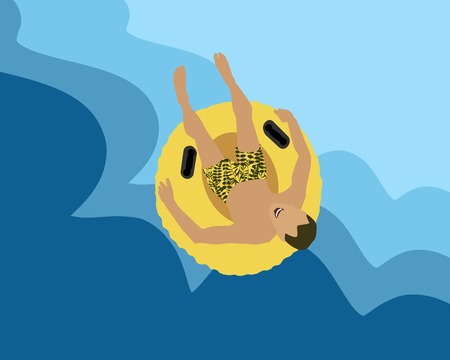 Vector illustration. The man on the yellow tubing in the pool. Summer entertainment. Aqua park swimming pool.のイラスト素材