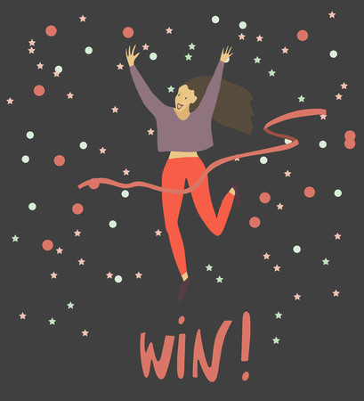 Girl crossing finishing line . Happy woman winning race and coming first to finish red ribbon . Confetti background . Vector flat illustrationのイラスト素材