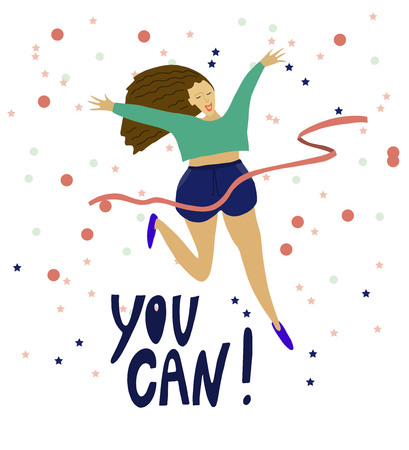 Girl crossing finishing line . Happy woman winning race and coming first to finish red ribbon . Confetti background . Vector flat illustrationのイラスト素材