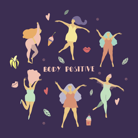 Body positivity concept . Happy girls Woman figure in motionのイラスト素材