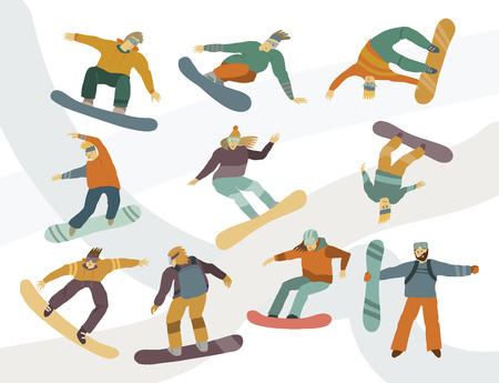People on snowboards Men and women in motionのイラスト素材
