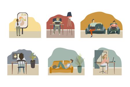 People at distance learning. Man and woman are engaged in training. Online school, home educationのイラスト素材
