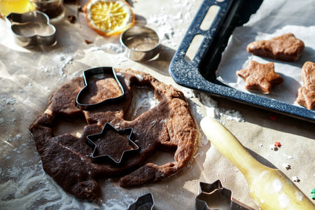 Preparation of festive gingerbread . Christmas and New year traditional food receipts. Homemade...