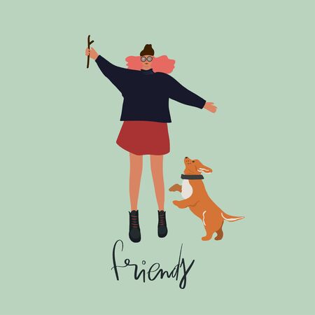 Woman playing with corgi dog. Freehand drawing word: friends. Vector flat illustrationのイラスト素材