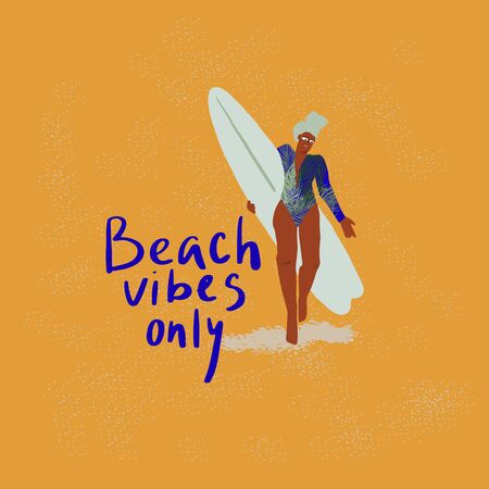Woman in swimsuit with surfboard and hand drawn quote: beach vibes only. Stylized vector flat illustrationのイラスト素材