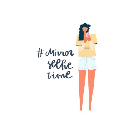 Young girl with smartphone taking selfie photo. Freehand drawing and text. Vector flat illustrationのイラスト素材