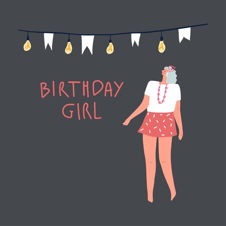Happy birthday girl and festive garland. Card design. Vector flat illustrationのイラスト素材