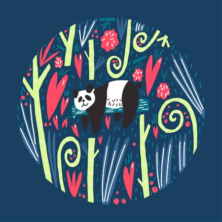 Cute panda laying on tree, branches leaves hearts and fruits composition. Cover design. Vector flat illustration.のイラスト素材