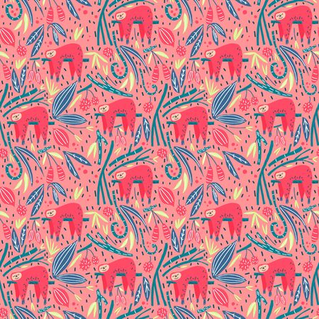 Sloth on branch, leaves and fruits vector composition. Print element. Seamless patternのイラスト素材