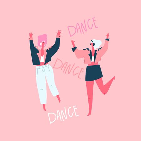 Dancing stylish girls with headphones and hand drawn text : dance. Moving body . Card design, template. Vector flat illustrationのイラスト素材