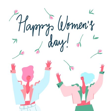 International Women s Day. Happy young girls and flowers. Vector templates with cute woman for card, poster, flyer and other usersのイラスト素材
