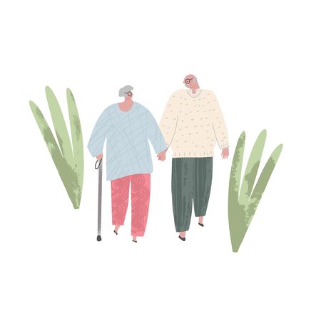 Senior couple. Elderly people walking in the park and together. Old people in love. Man and woman on the path of life. Caring for each other. Vector illustration, freehand drawingのイラスト素材