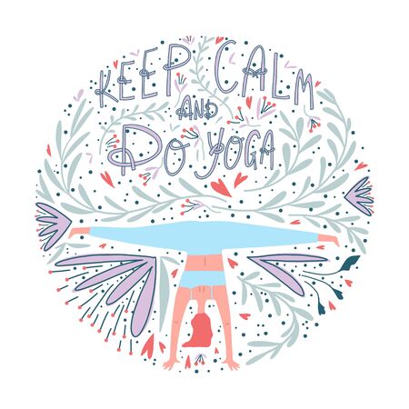 Decorative composition. Woman practicing yoga surrounded with leaves, flowers and lettering. Vector templateのイラスト素材
