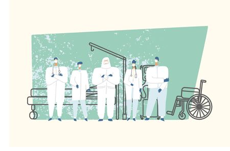 Doctors in a hospital room waiting for the patients, outlines of bed, lung ventilator and wheelchair on background. Medic during the outbreak of the virus. Vector illustrationのイラスト素材