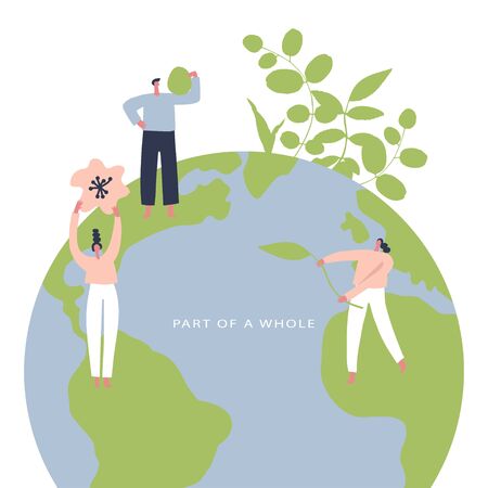 Eco friendly lifestyle hand drawn vector illustration. Group of environmentalists. Card to world environmental day, nature protection, nature saving conceptのイラスト素材