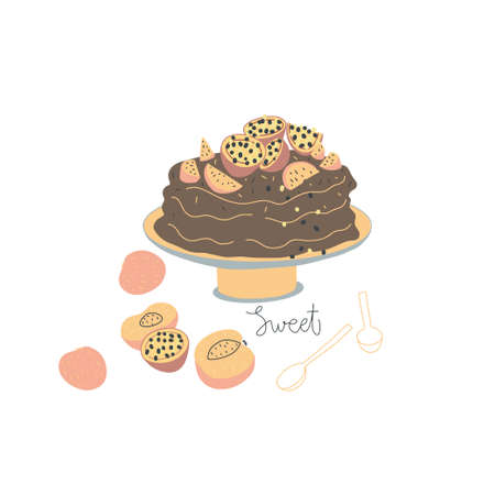 Chocolate cake with passion fruit and peaches on plate. Handwritten word: sweet, outlined spoons. Vector hand drawn illustrationのイラスト素材
