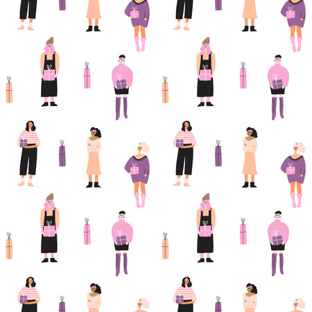 Women with gift boxes. Element of seamless pattern. Gift paper print. Vector setのイラスト素材