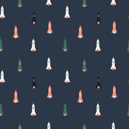Rocket ship in the open space. Vector seamless patternのイラスト素材