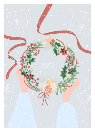 2021 Christmas wreath, hands and outlined gift boxes. Vector illustration, postcard designのイラスト素材