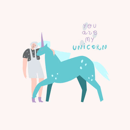 Girl hugging unicorn. Handwritten text: you are my unicorn. Vector template for postcard print pin label badges stickerのイラスト素材