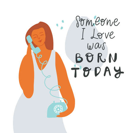 PrintGirl with phone. Handwritten congratulatory phrase. Vector template for card birthday postcard design, printのイラスト素材