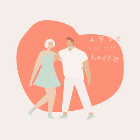 Man and woman hug and send kisses . Handwritten text love make people happy . Vector illustrationのイラスト素材