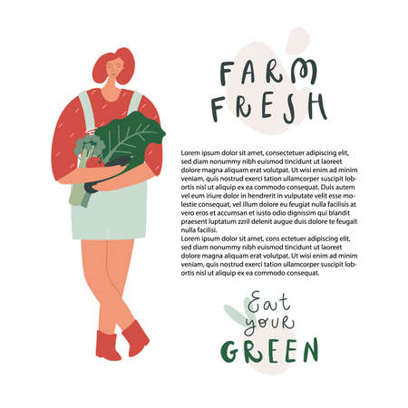 Farm fresh hand drawn illustration. Eco product natural and organic food concept. Woman with vegetablesのイラスト素材