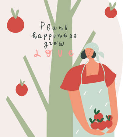 Happy lifestyle conceptual hand drawn vector illustration. Woman with apples near apple tree, handwritten quoteのイラスト素材