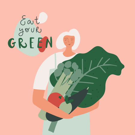 Eat green vector illustration. Eco product, natural and organic food, mindful eating concept. Woman with vegetablesのイラスト素材