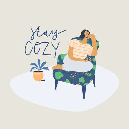 Woman seating on beautiful armchair. Home atmosphere stay cozy. Hand drawn vector illustrationのイラスト素材