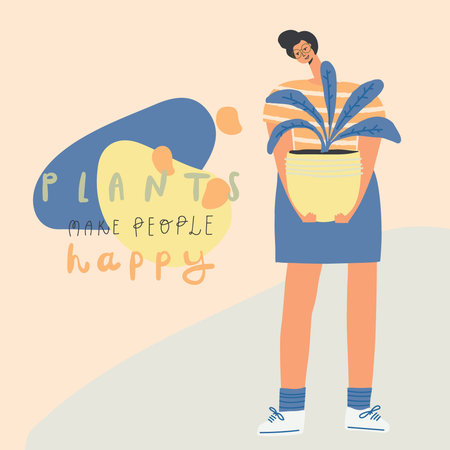 Woman holds a pot with a plant. Lettering style text: plants make people happy Vector illustrationのイラスト素材