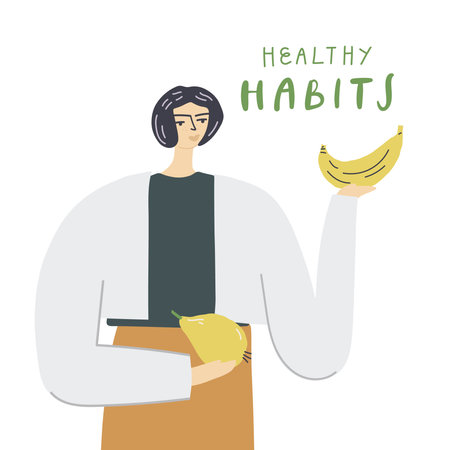 Woman holds banana and pear. Concept of healthy natural plant-based nutrition. Vector hand drawn illustrationのイラスト素材