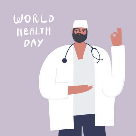 Vector illustration Male doctor shows that everything is ok. Virus protection conceptのイラスト素材