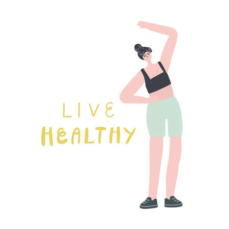 Vector illustration Woman and sport. Handwritten quote live healthyのイラスト素材