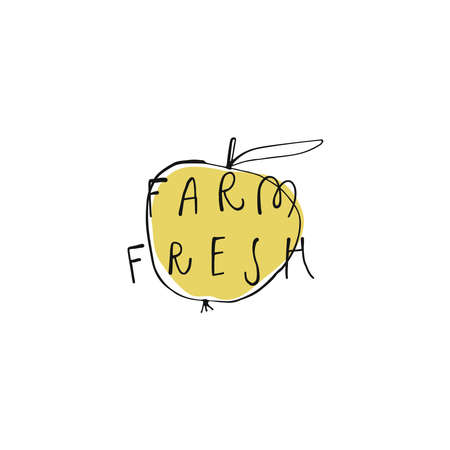 Vector apple icon drawn with ink pen. Handwritten phrase Farm freshのイラスト素材