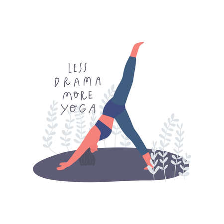 Woman doing yoga, freehand drawn lettering: less drama more yoga. Vectorのイラスト素材