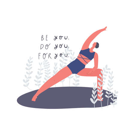 Woman doing yoga, freehand drawn lettering: be do for you. Vector illustrationのイラスト素材