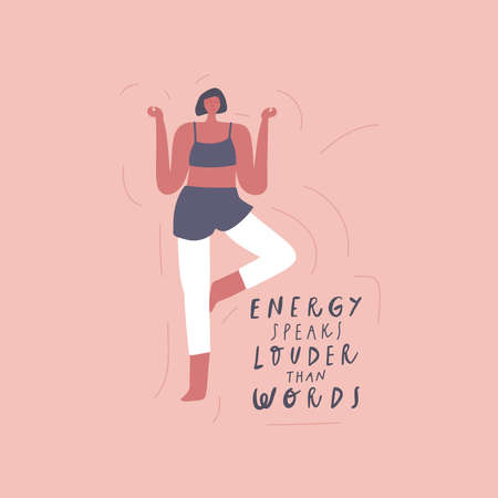 Meditating woman, freehand drawn lettering text. Vectorのイラスト素材
