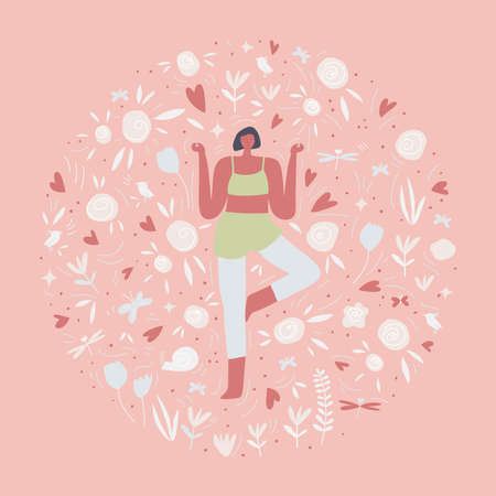 Meditating woman surrounded with flowers birds leaves . Vectorのイラスト素材